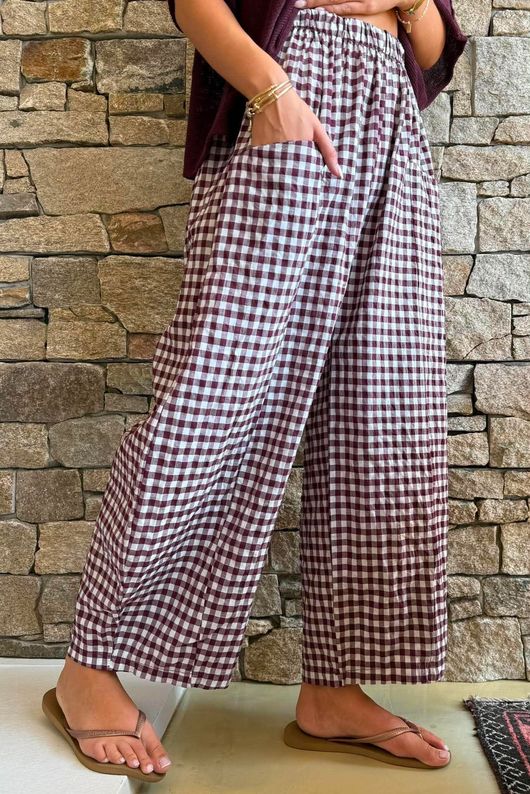 Nonni Gingham Relaxed Barrel Pant Aubergine